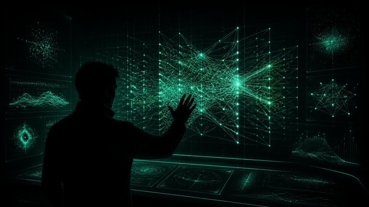 AI-expert framför ett holografiskt gränssnitt med neurala nätverk och grafer i mintgrönt