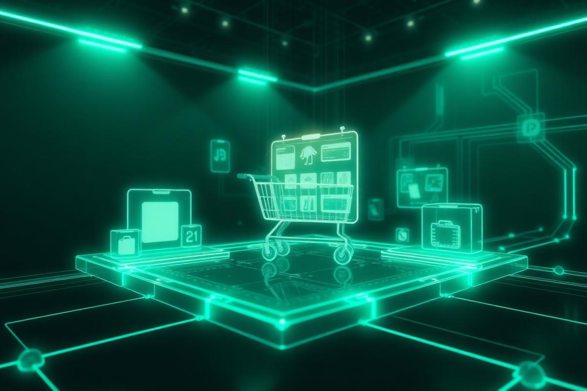 Futuristisk e-handelsvisualisering med holografisk varukorg, produktkort och mintgröna dataflöden