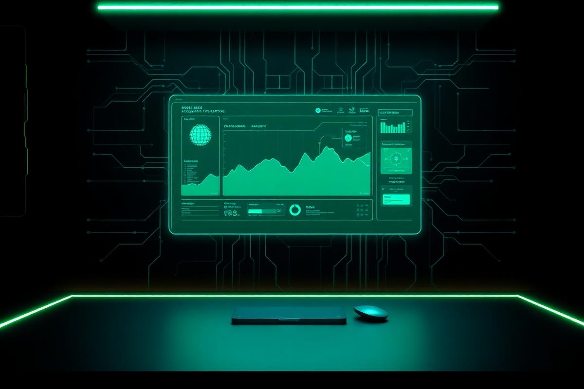 Holografisk AI-dashboard med dataflöden i mintgrönt över ett mörkt skrivbord