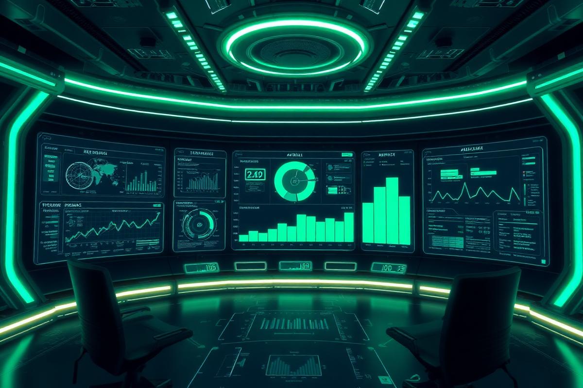 Futuristiskt kommandocenter med dashboards och grafer i mintgrönt