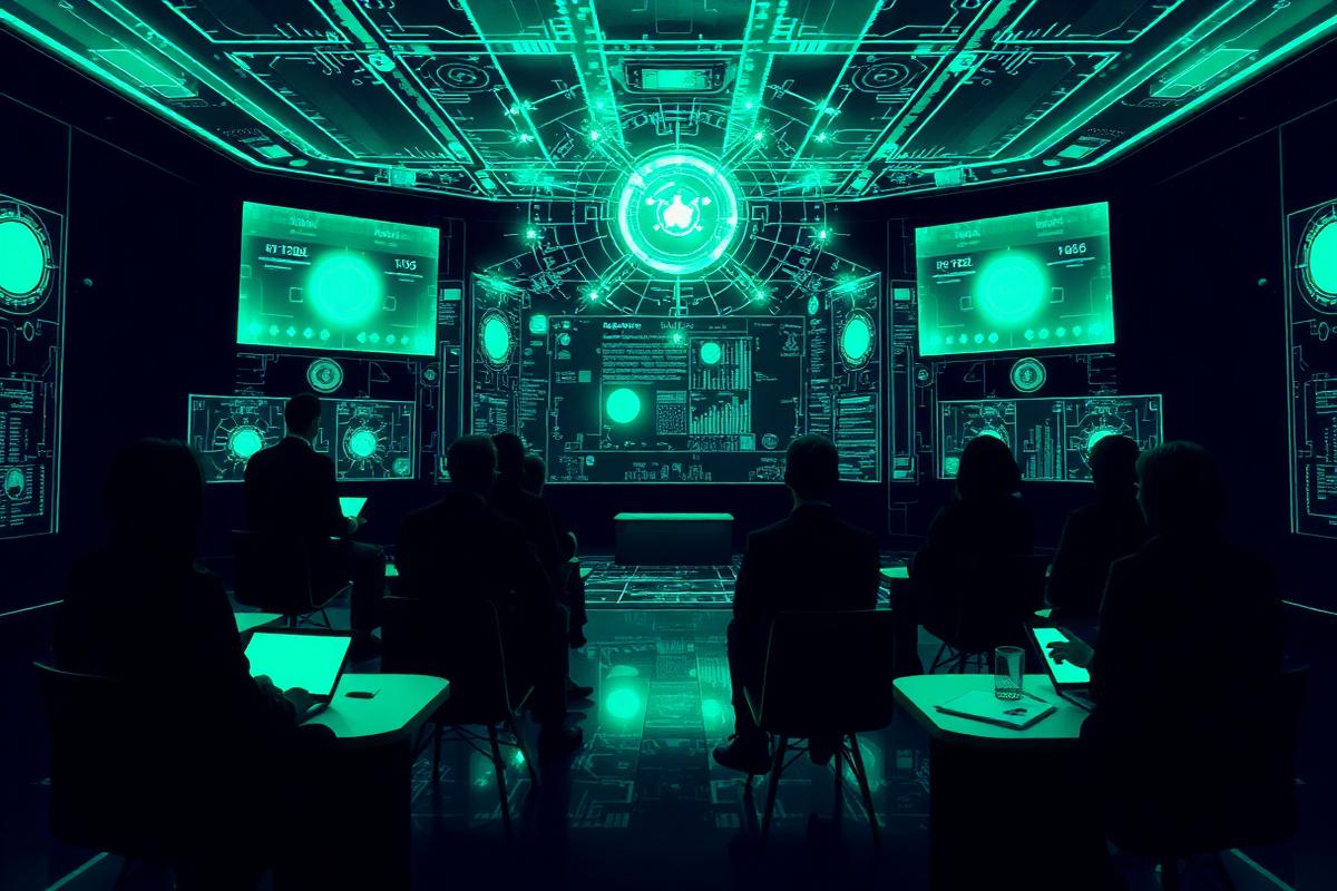 Futuristiskt klassrum med holografiska skärmar och personer som lär sig om AI